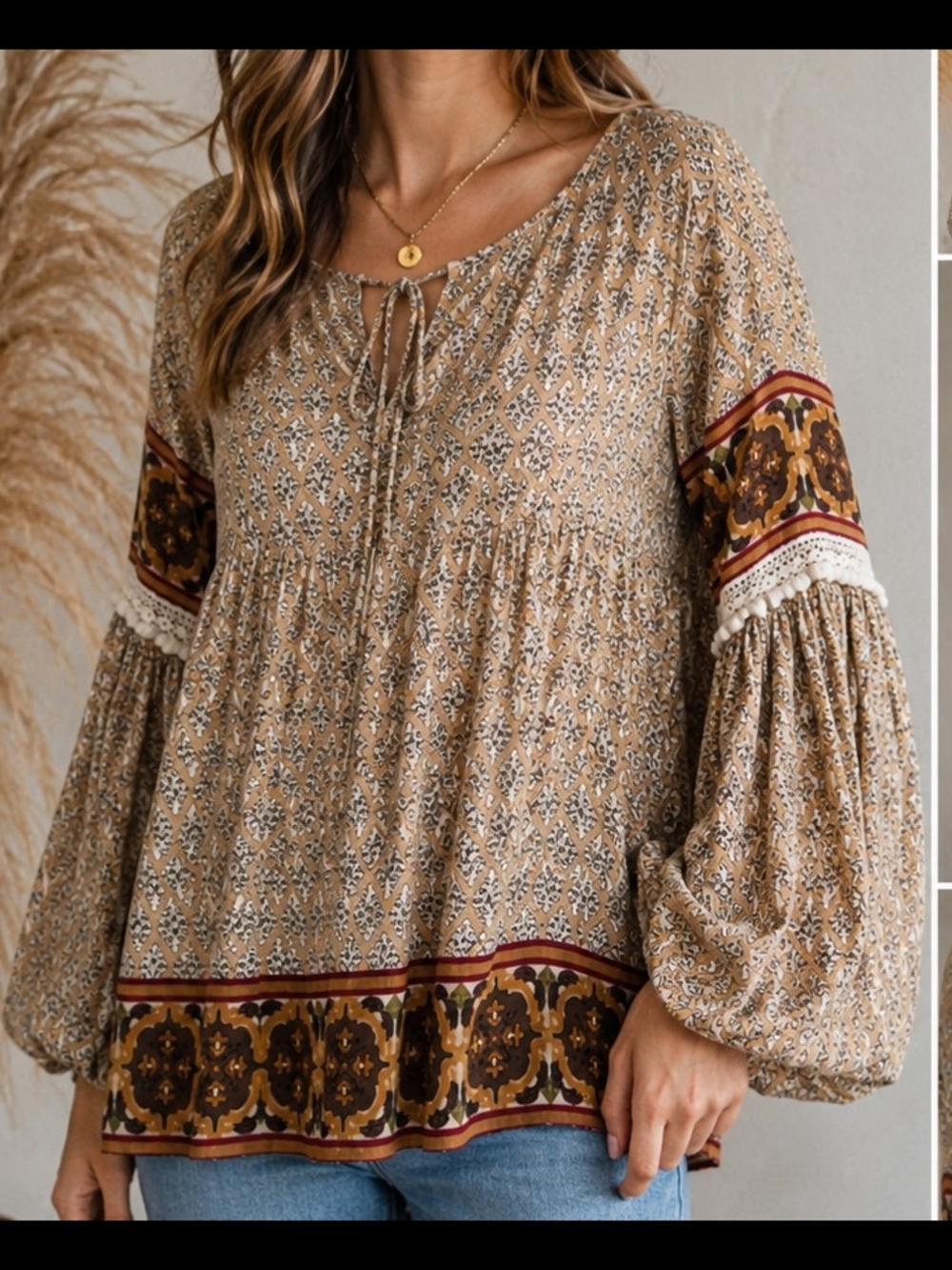 Entro Boho Peasant Top Large Beige Brown Paisley Print Bell Sleeve Crochet Trim